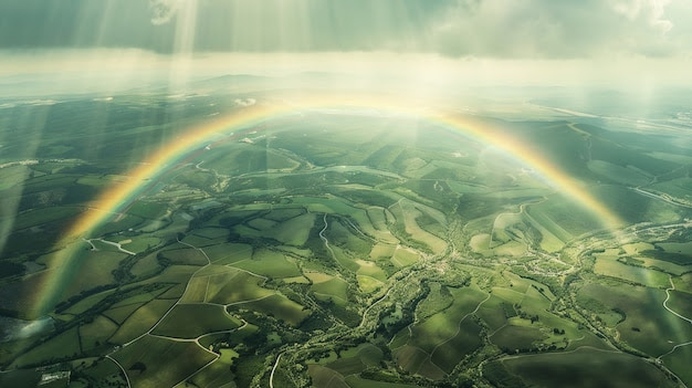 Photorealistic rainbow with countryside nature landscape