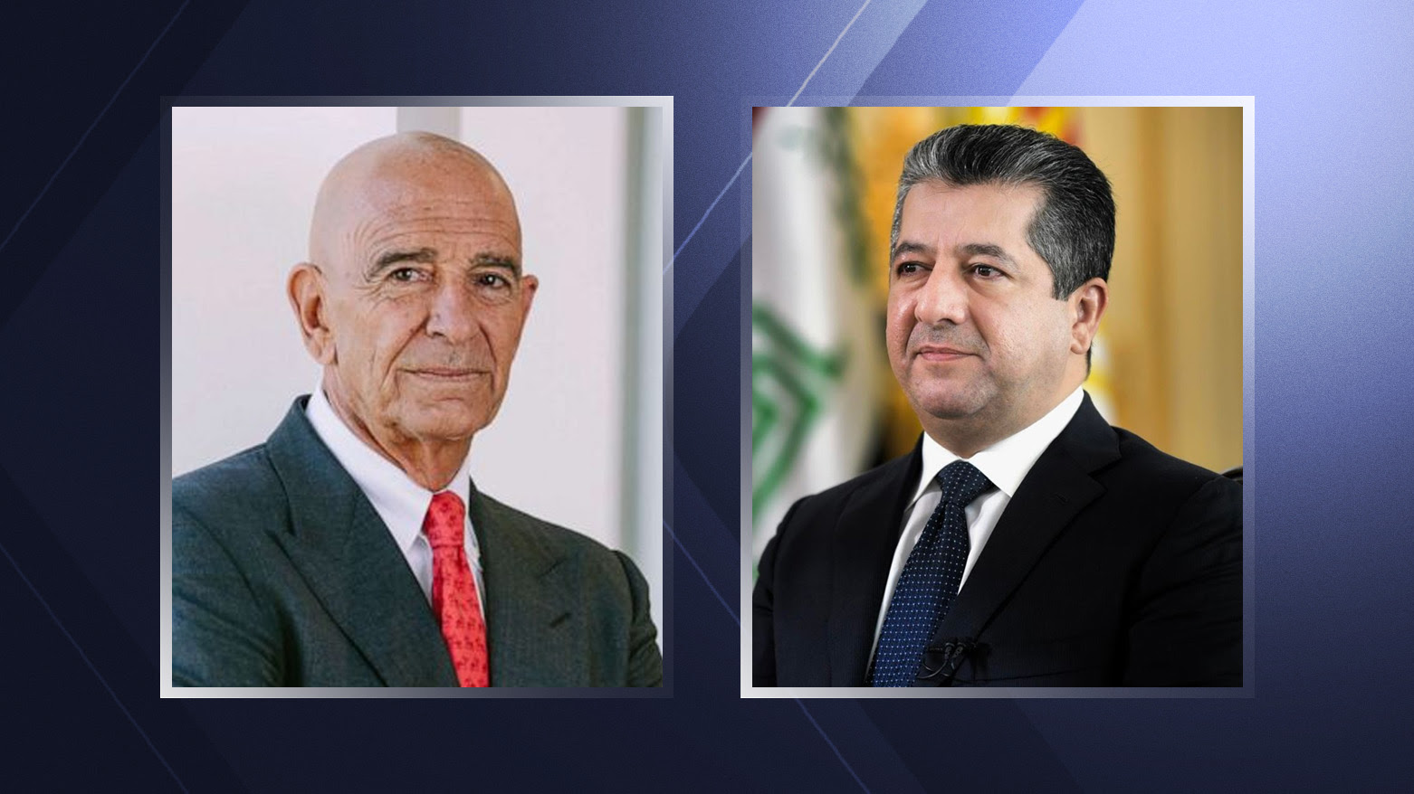 Kurdistan Region's Prime Minister Masrour Barzani (R), United States Special Envoy for Syrian Affairs Tom Barrack (R). (Graphic: Designed by Kurdistan24)