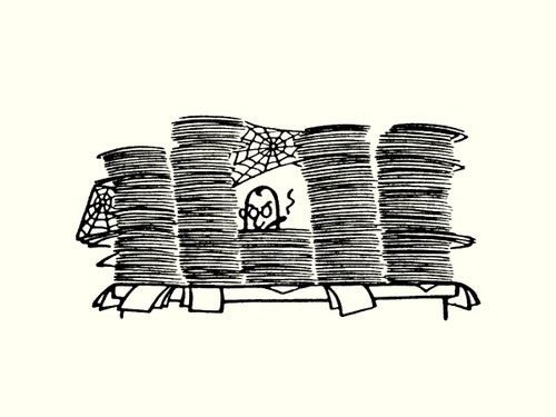 An illustration of a man surrounded by towering piles of paper.