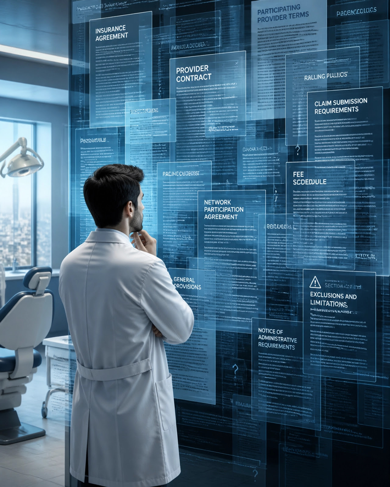 A dentist looking at a complex maze of insurance documents, symbolizing the administrative burden A dentist looking at a complex maze of insurance documents, symbolizing the administrative burden