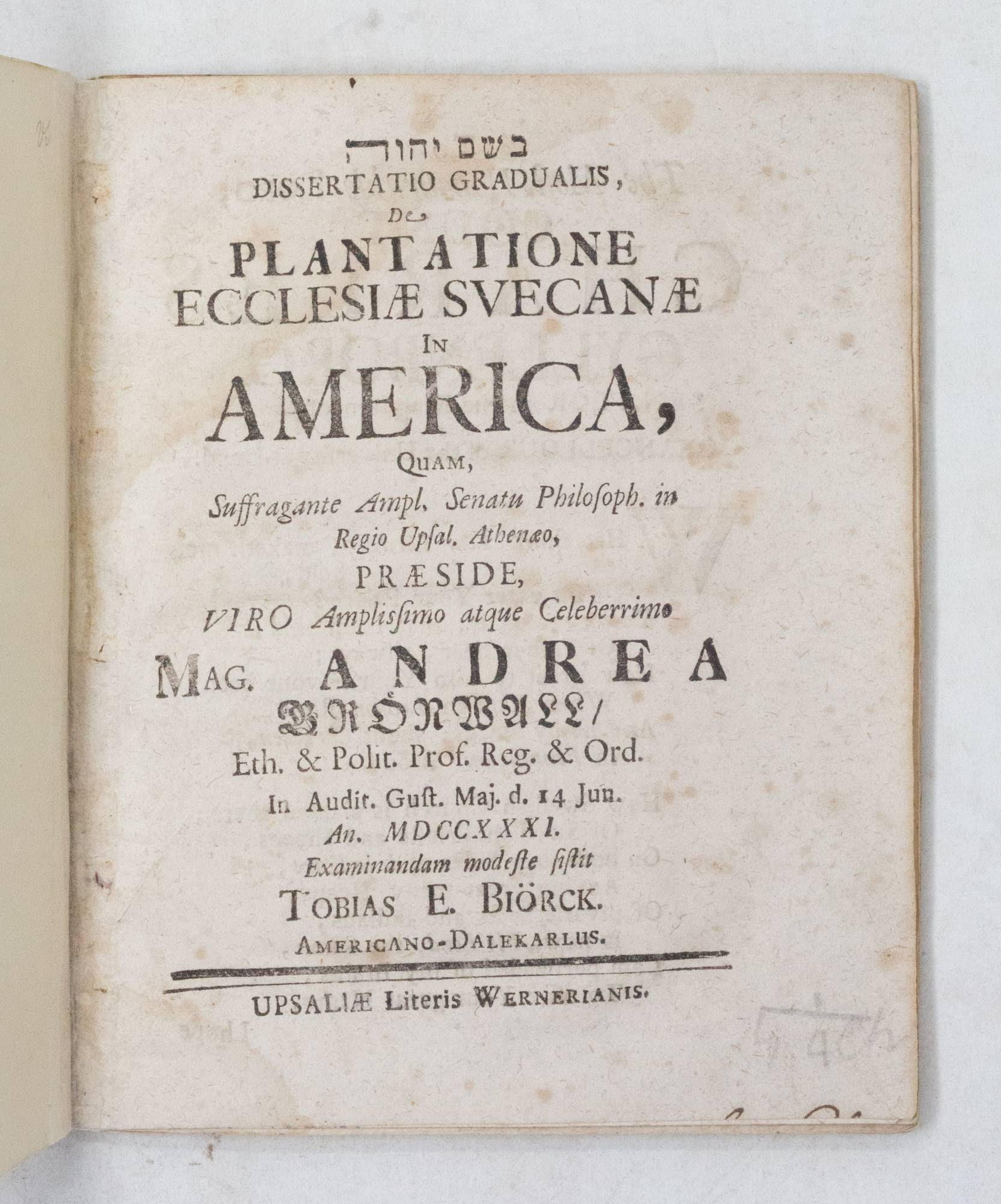 The title-page of Bioerck's 1731 history of the Swedish church in America