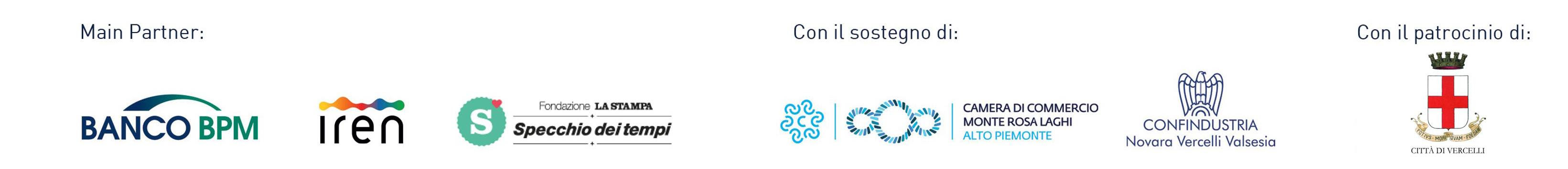 Main Partner Banco BPM - IREN - SPECCHIO DEI TEMPI - Con il sostegno di Camera di Commercio Monte Rosa Laghi Alto PIemonte - Confindustria Novara Vercelli Valsesia - Con il patrocinio della Città di Vercelli