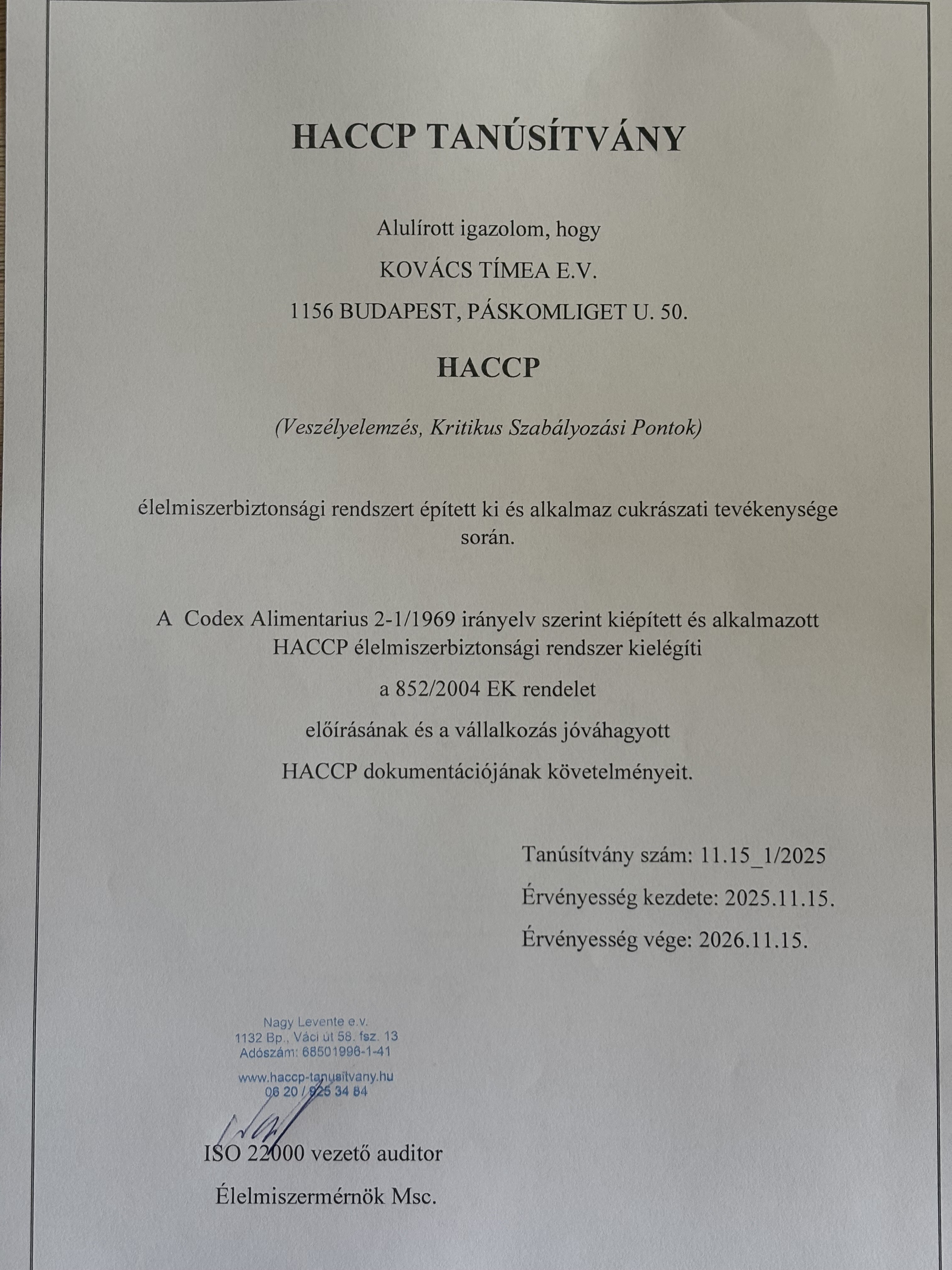 HACCP igazolás