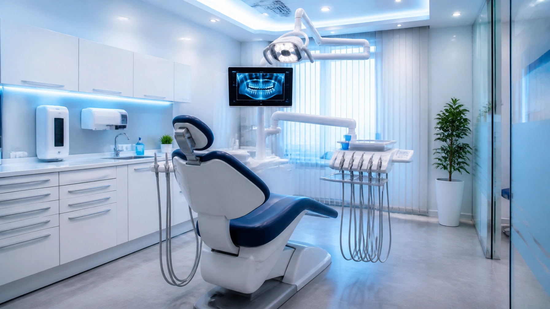 Modern dental office with professional blue tones Modern dental office with professional blue tones