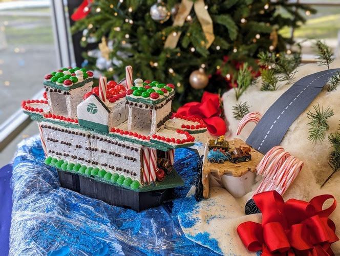 Ferry made out of gingerbread cookies and candy