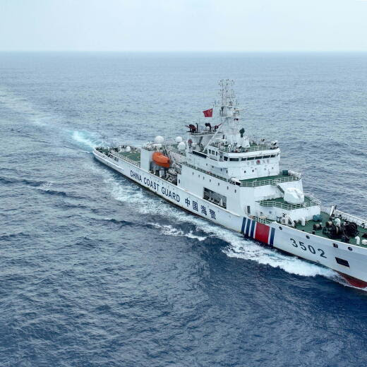 epa11349306 An aerial photo taken with a drone shows the China Coast Guard (CCG) 3502 fleet conducting formation training in waters adjacent to China's Huangyan Dao, South China Sea, 17 May 2024 (issued 18 May 2024). EPA/XINHUA / Wang Yuguo CHINA OUT / UK AND IRELAND OUT / MANDATORY CREDIT EDITORIAL USE ONLY EDITORIAL USE ONLY