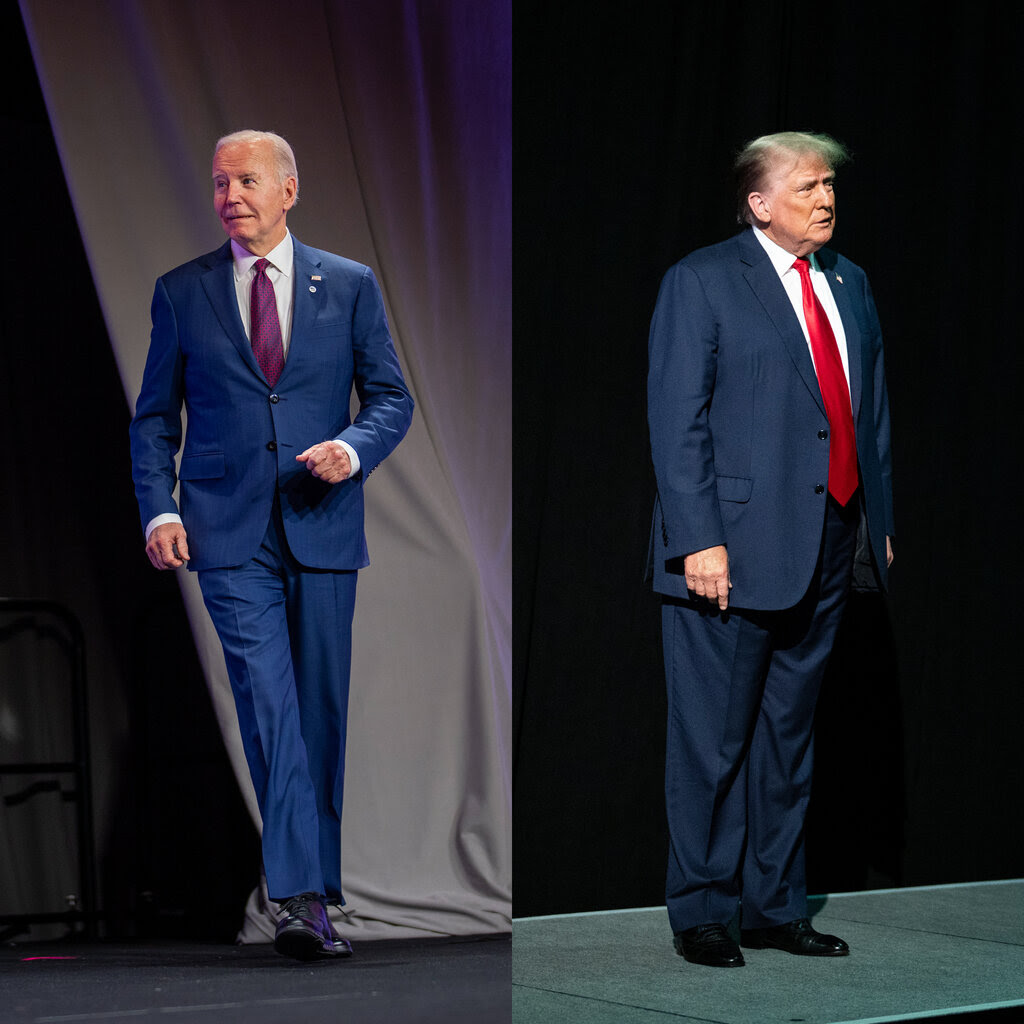 A composite image showing President Joe Biden, in a dark suit and a red tie on the left, and former President Donald Trump, in a dark suit and red tie, on the right. 