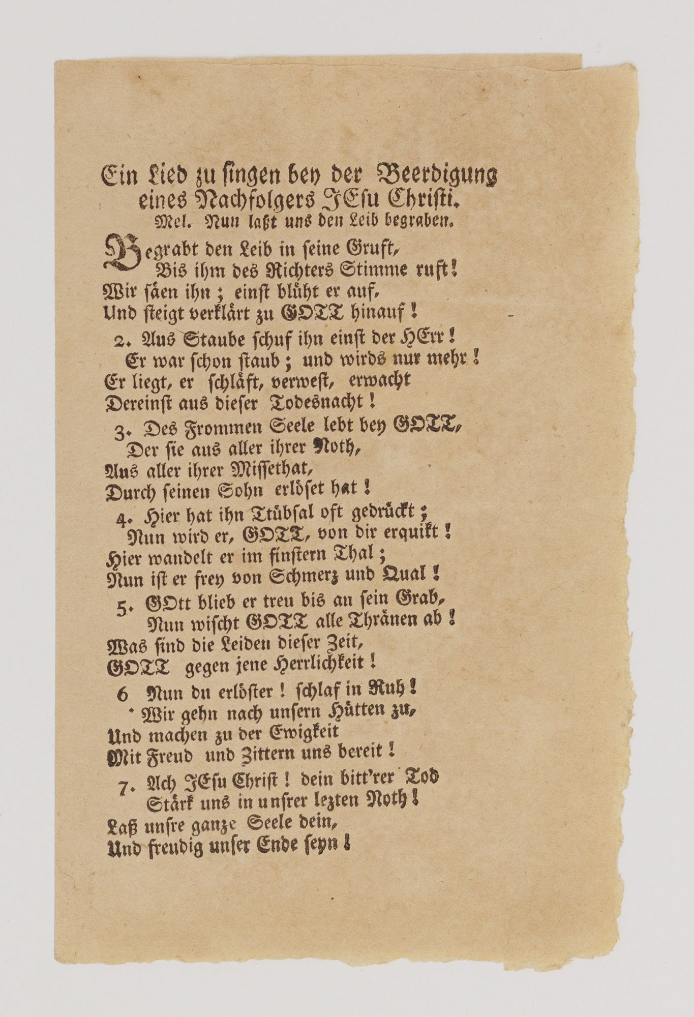 The black-letter text of a funeral song, ca. 1785, to be sung at the graveside of a follower of Jesus Christ
