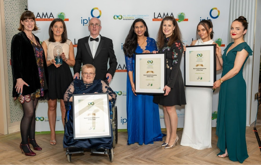 Deirdre Mortell (CEO, Rethink Ireland) pictured with the four organisations nominated for Best Social Enterprise of the Year at the LAMA Awards 2024.