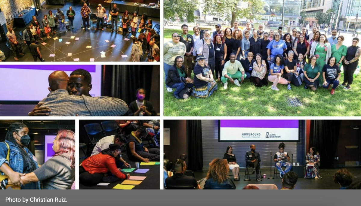 Gatherings during the Black and Indigenous Futures Convening showing diverse groups of people standing in a theater in a circle, in a group photo on the Boston Common grass, hugging and embracing each other, writing on colorful paper, and sitting on a stage in front of an audience. Photo by Christian Ruiz.