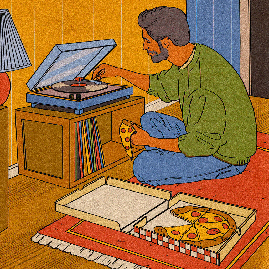 An illustration shows a man eating a pizza as he sits on the floor and plays a record on his turntable.