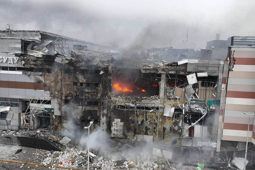 A shopping mall damaged by air strikes.