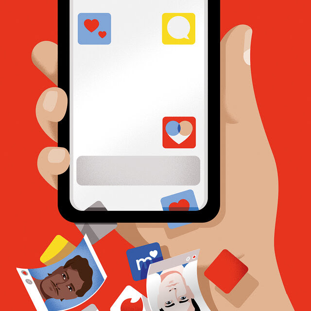 An illustration of a hand holding a phone with a few apps on the screen; other apps and dating profiles are falling out of the phone; the background is red.