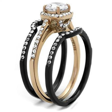 TK2020 - IP Rose Gold+ IP Black (Ion Plating) Stainless Steel Ring with AAA Grade CZ  in Clear