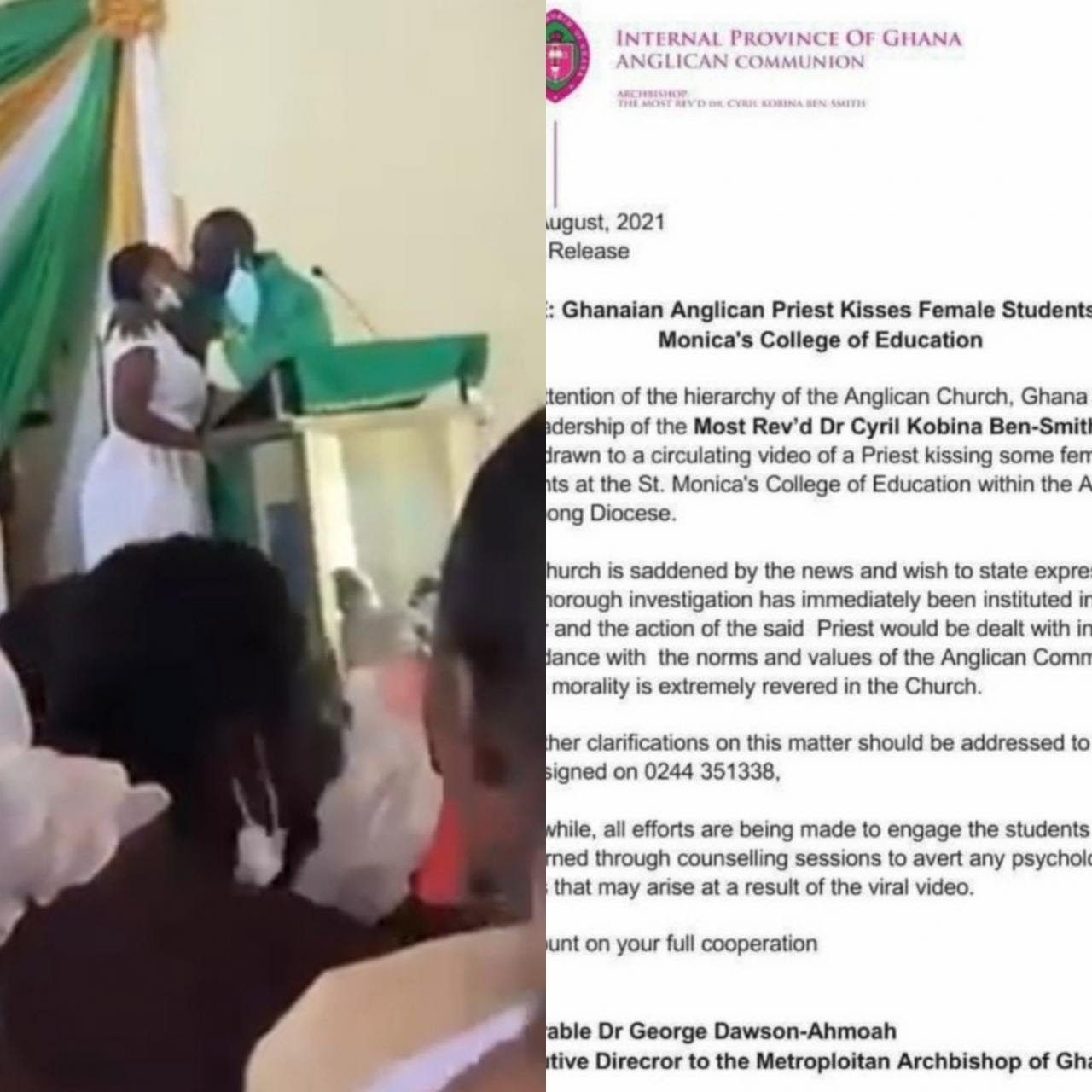 Anglican Church releases statement after a Priest of the Church kissed 3 female students of St. Monica College on the mouth