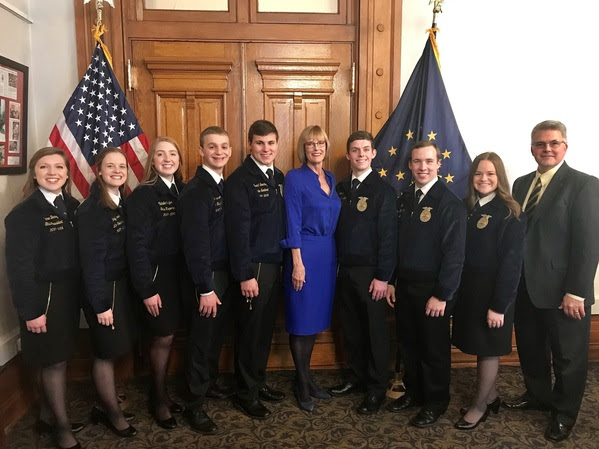 Indiana FFA state officers meeting with Lt. Governor Suzanne Crouch, Secretary of Agriculture and Rural Development, and ISDA Director Bruce Kettler.