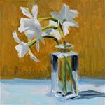 White Jonquils, Square Glass Jar on Gold - Posted on Monday, March 30, 2015 by Gretchen Hancock