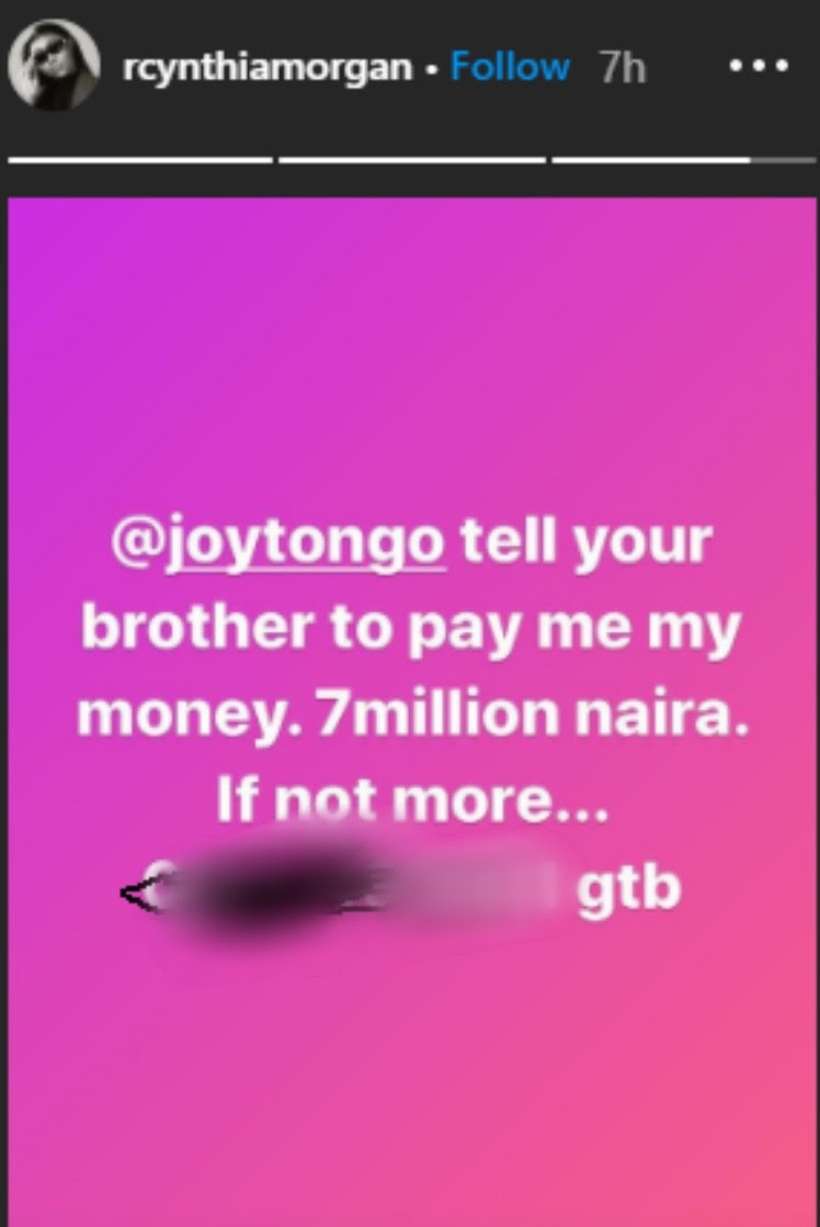 Jude Okoye should pay me the N7m he owes me - Cynthia Morgan calls out former boss again