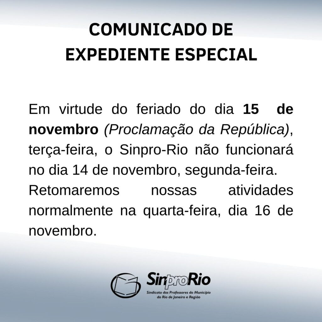 Comunicado sobre funcionamento do Sinpro-Rio no dia 14/11