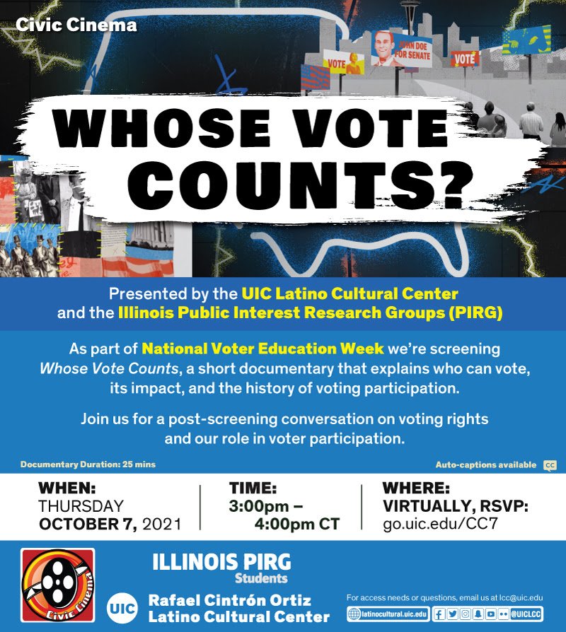 Flyer for Civic Cinema featuring Whose Vote Counts Documentary 10.7.2021