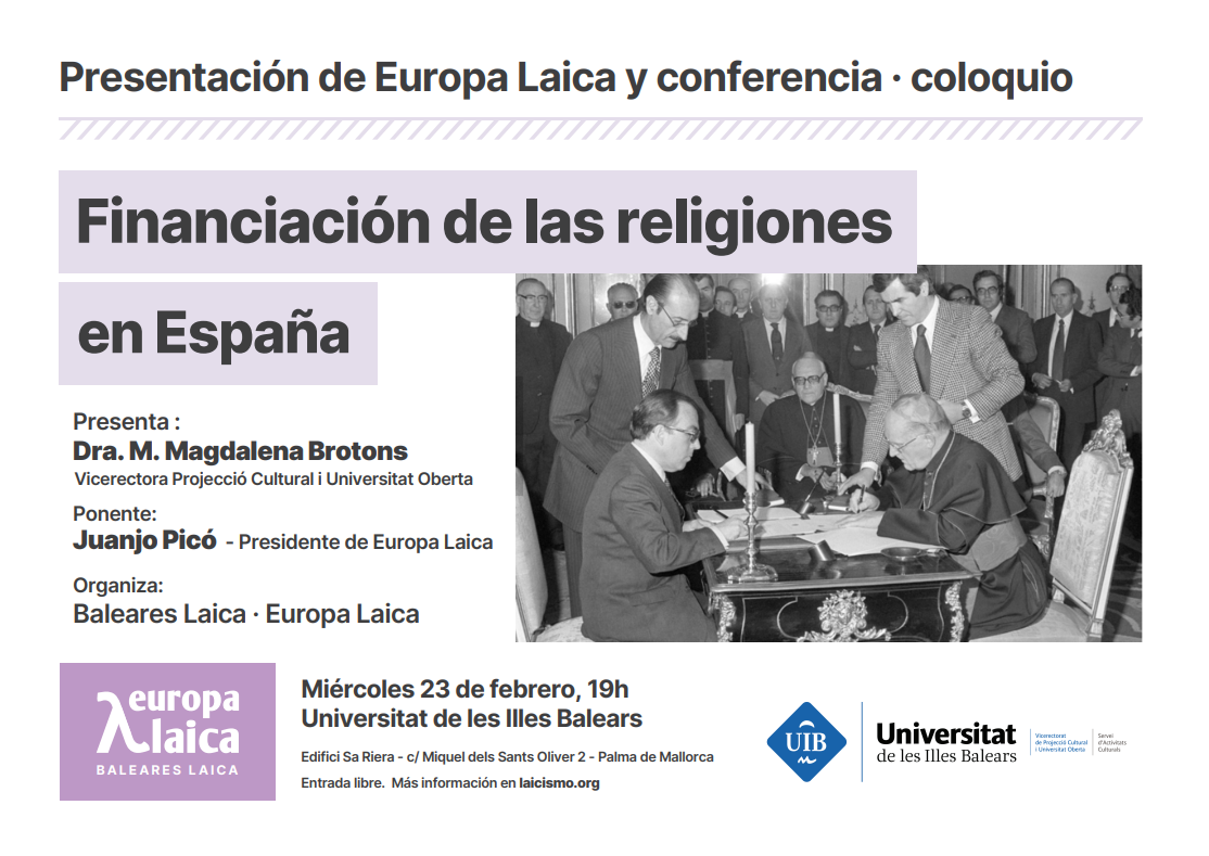 Hoy miércoles 23 a las 19h, charla-coloquio en Palma de Mallorca sobre la financiación de las religiones en España a cargo de Juanjo Picó