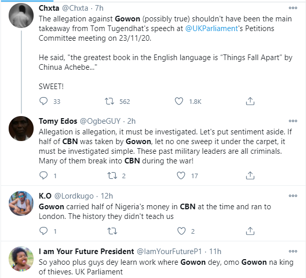 Nigerians reacts to Member of British parliament claiming that former Head of State, Yakubu Gowon left with half of Central Bank