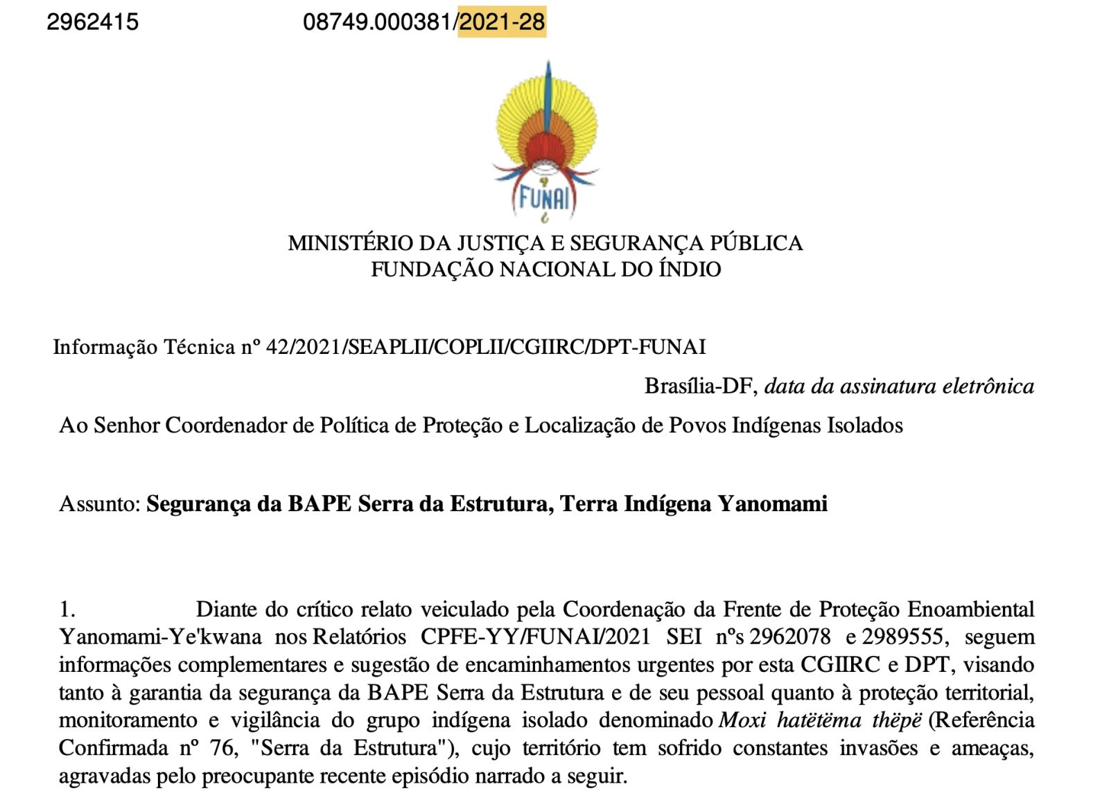 Reprodução de documento oficial da Funai que denuncia presença do garimpo no território indígena yanomami