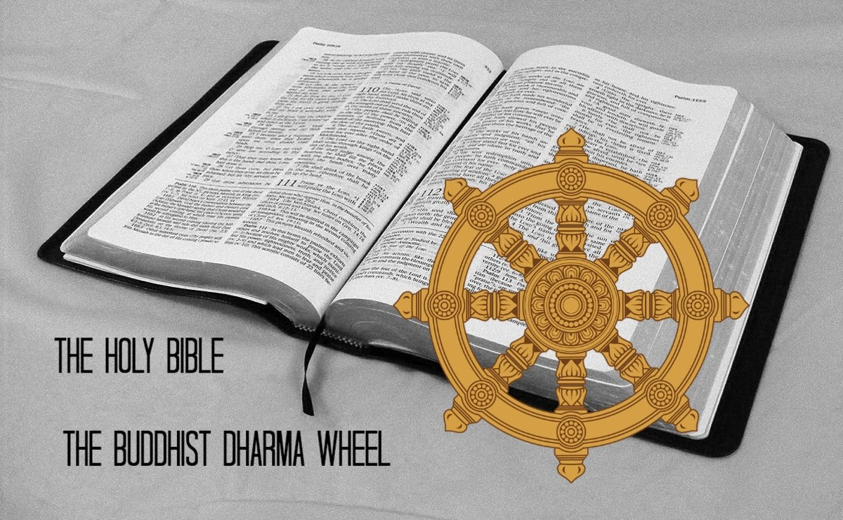 The teachings of Jesus are in the Bible. The dharma wheel symbolizes the eightfold path of Buddha.