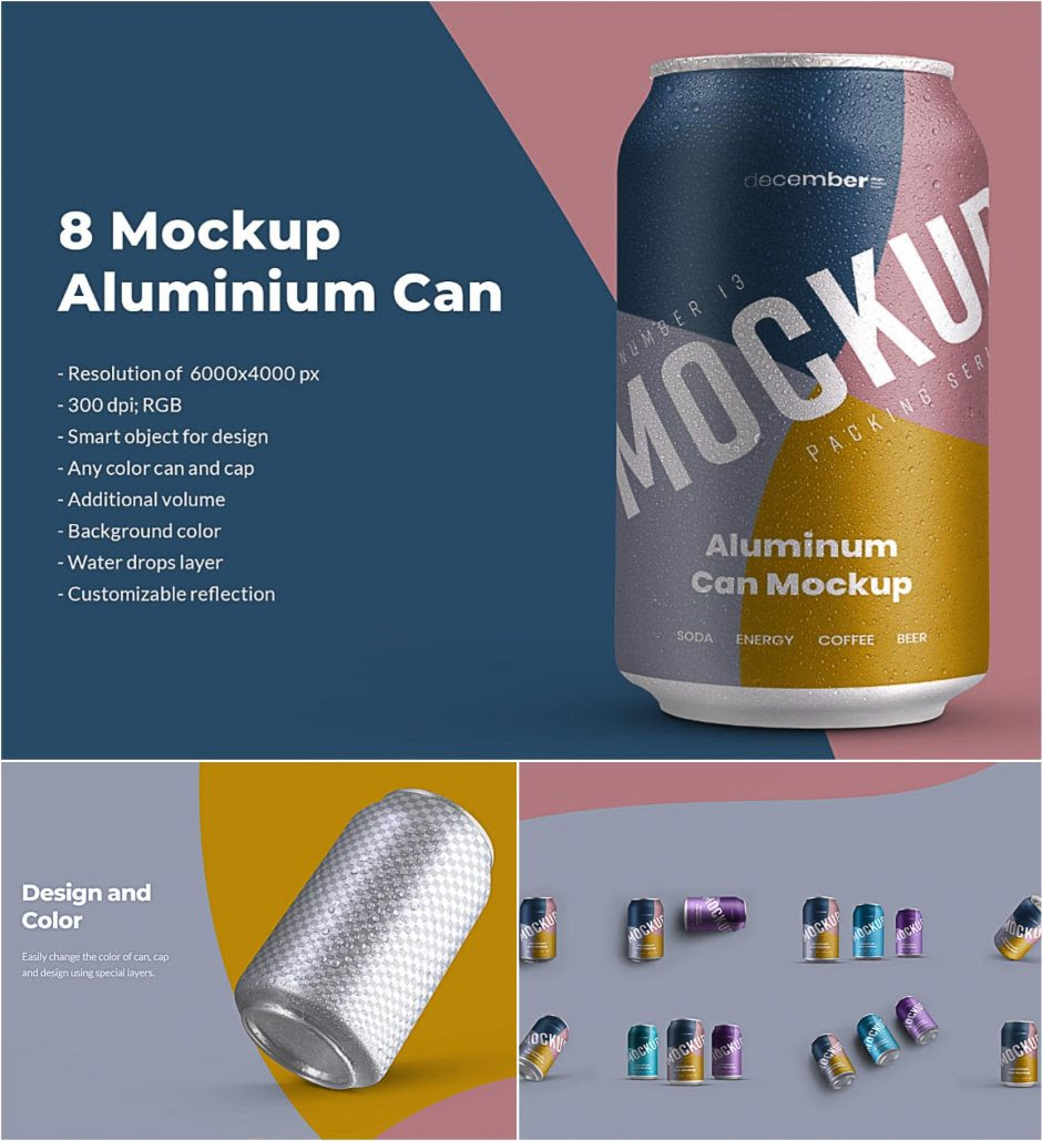 Set of 8 Mockup Aluminium Can 330 ml with Water drops. Design is easy