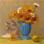 Ragdoll with Daisies floral still life painting with cat - Posted on Tuesday, February 24, 2015 by Diane Hoeptner