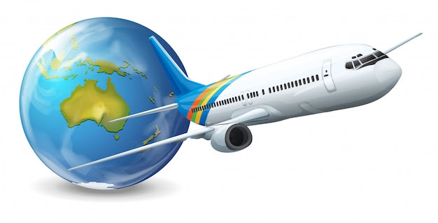 Earth globe and airplane Free Vector