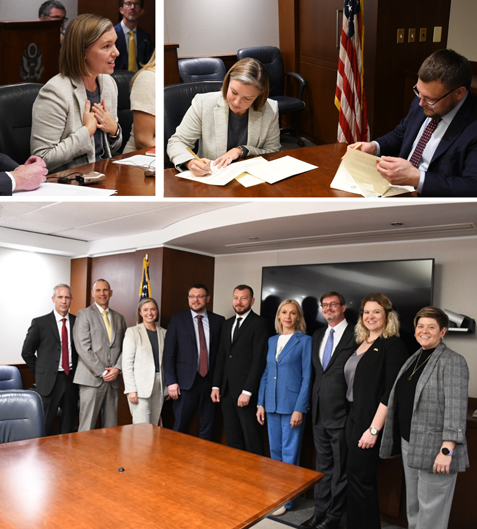 Top images: Acting IG Shaw signed an MOU with Nat'l Anti-Corruption Bureau of Ukraine. Bottom: OIG staff with anti-corruption delegation from Ukraine