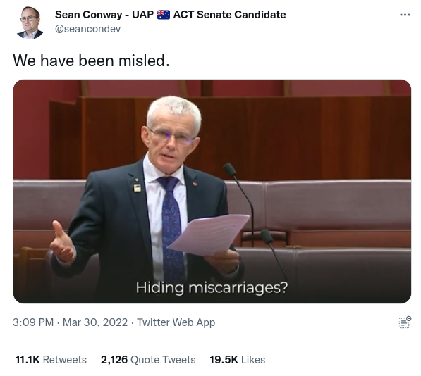 Image of Tweet by @seancondev showing a image from a video of Malcolm Robert&rsquo;s speech, with the comment text &lsquo;We have been misled.&rsquo;