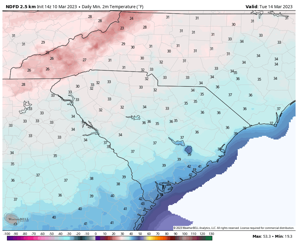 Tuesday morning's forecast lows from the National Weather Service.