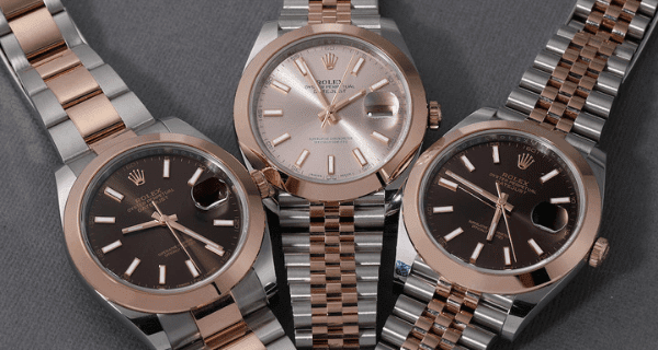 Rolex Datejust 41 Steel Everose Gold, with Sundust dials (center) and Brown dials (left and right)