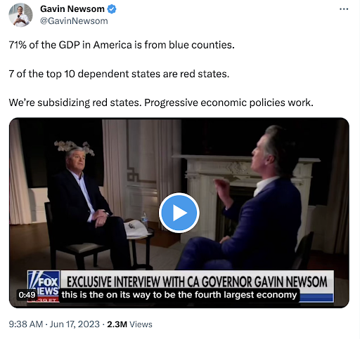 Tweet from Gavin Newsom: Red States vs. Blue States by the numbers