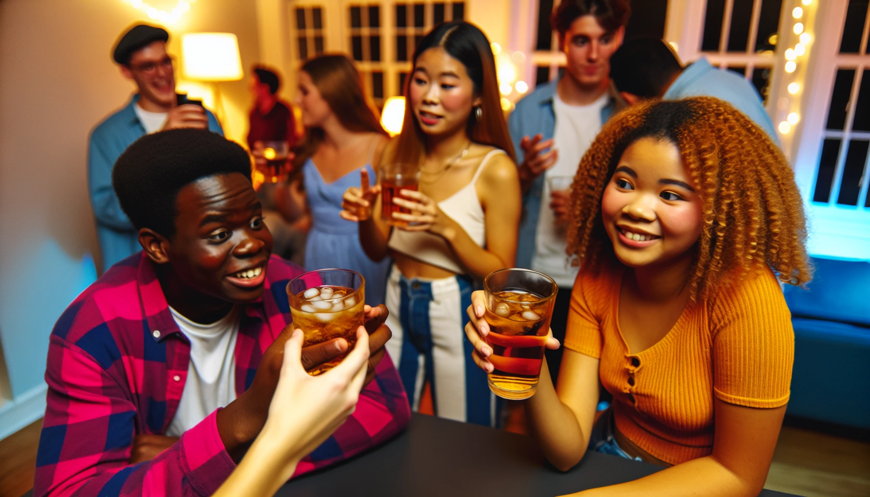A group of college students holding alcoholic beverages at a party