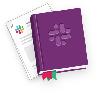 An illustration of a guidebook and a paper manual, both bearing the Slack logo.