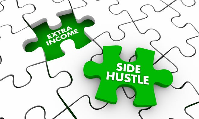 A white puzzle with one missing piece. The empty space reads ''Extra Income'' and the missing piece is green and says ''Side Hustle''