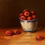 Raspberries in Blue and White Cup,  Oil on 6"x6" Linen Panel - Posted on Saturday, March 28, 2015 by Carolina Elizabeth