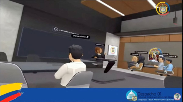 A magistrate speaks during a Colombian 
court hearing held in the Metaverse, February 15, 2023, in this still image taken from a social media video. Bogota?s Municipal Criminal Court 69/via REUTERS