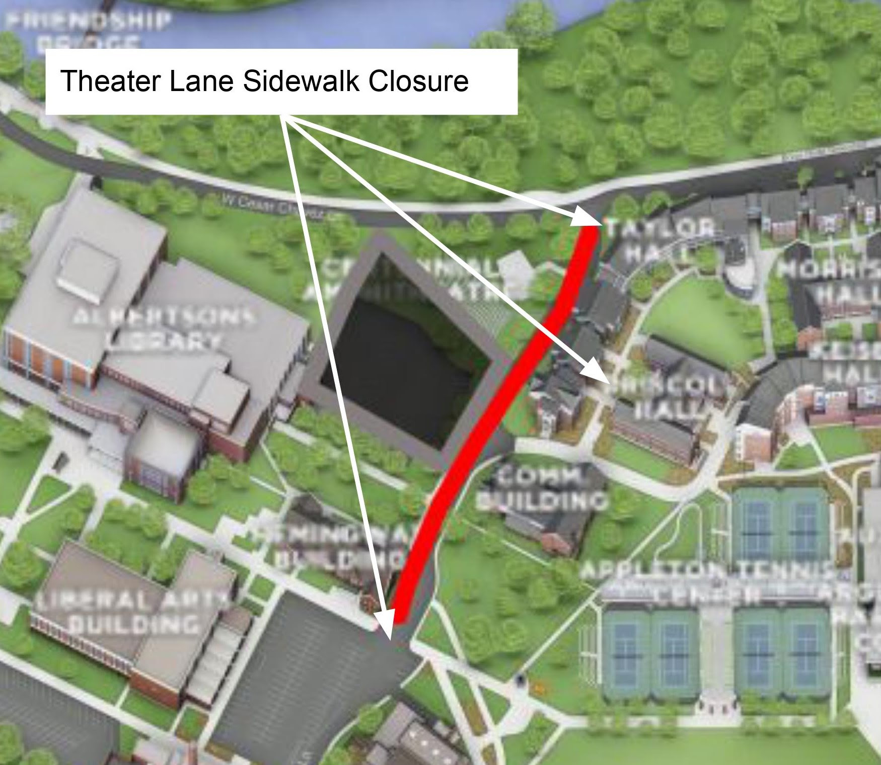 Theater lane sidewalk closure map