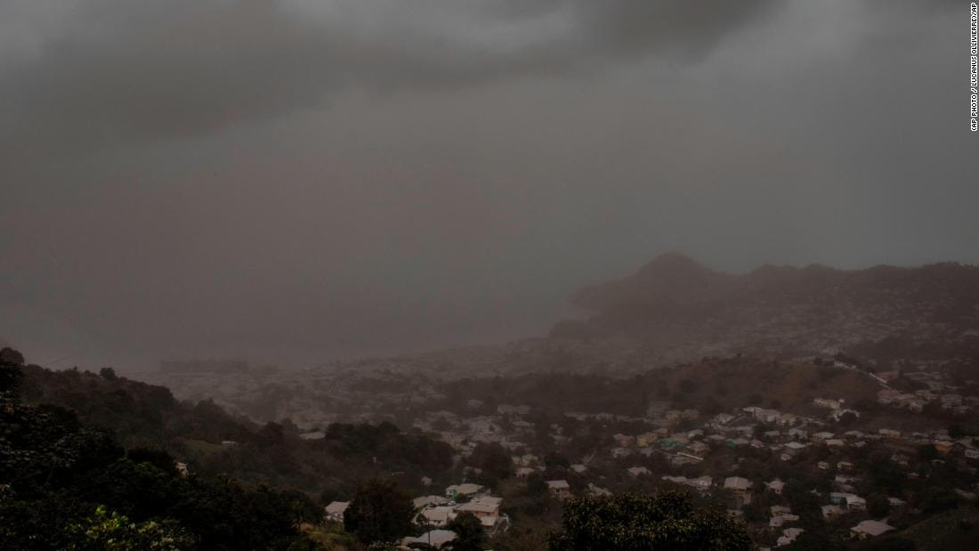 A cloud of volcanic ash hovers over Kingstown on St. Vincent Saturday.