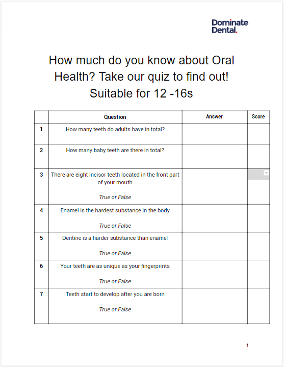 Quiz "How much do you know about Oral Health?" for teens, with dental knowledge questions and true/false options.