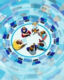 Arial illustration of a diverse group of kids sitting in a circle with their teacher and surrounded by laptops and zoom windows all around them.