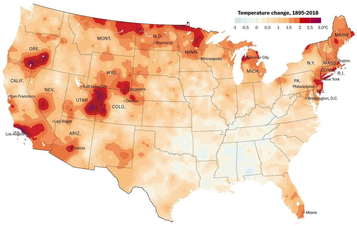 Temperature change from 1895 through 2018 based on NOAA data.