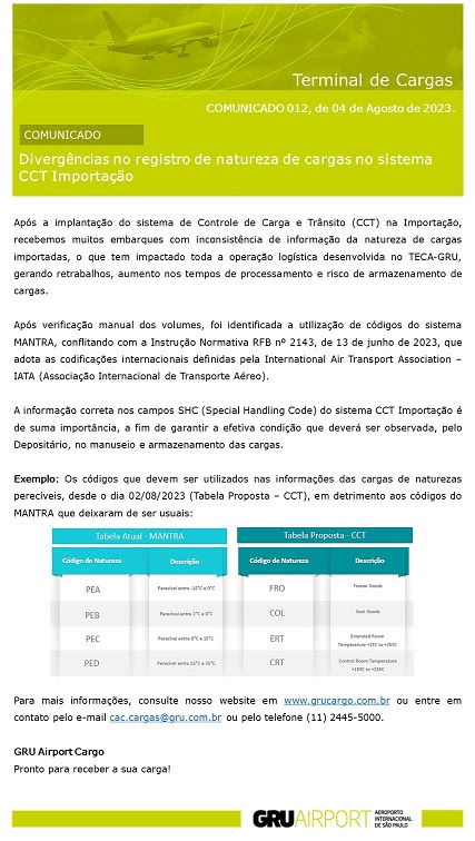 COMUNICADO GRU AIRPORT - DIVERGENCIAS CCT