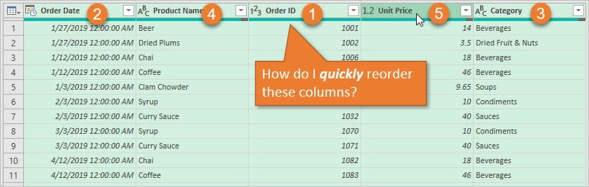 Power Query Quickly Reorder Multiple Columns
