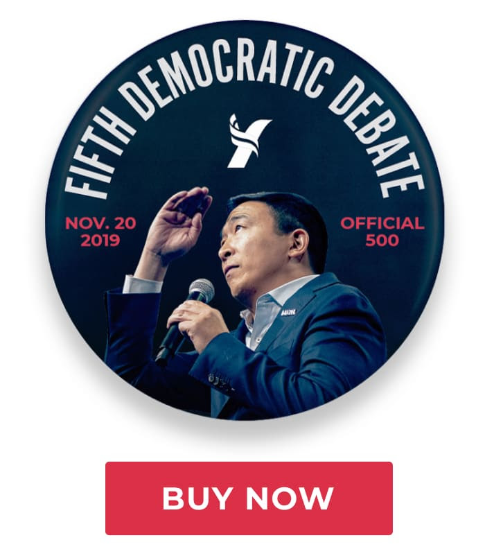Button with Andrew Yang picture on the front and fifth democratic debate written around the image.