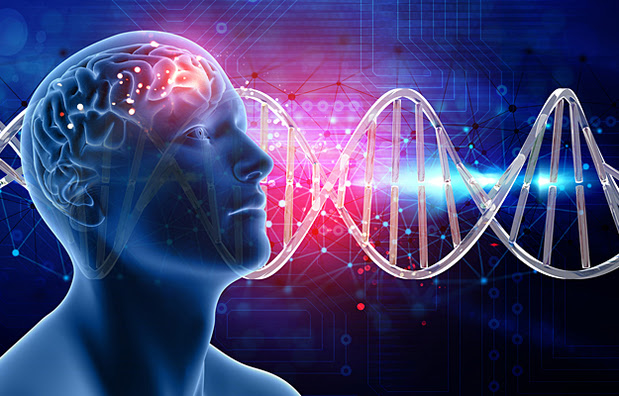 An illustration of a male head and brain with DNA strands in the background.